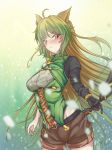  1girl absurdres ahoge animal_ears atalanta_(fate) bangs blonde_hair bow_(weapon) braid breasts brown_shorts cat_ears cat_tail chest_strap cosplay dated fate/apocrypha fate/grand_order fate_(series) french_braid goblin_slayer! gradient_hair green_eyes green_hair green_shirt gus1999 high_elf_archer_(goblin_slayer!) high_elf_archer_(goblin_slayer!)_(cosplay) highres long_hair looking_at_viewer medium_breasts multicolored multicolored_eyes multicolored_hair pout shirt shorts single_sleeve sleeveless sleeveless_shirt solo tail two-tone_hair underbust very_long_hair weapon yellow_eyes 