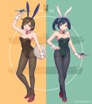  2girls alternate_costume animal_ears arm_up ass_visible_through_thighs bangs bare_arms bare_shoulders black_hairband black_legwear blue_eyes blue_hair blush breasts brown_eyes brown_hair brown_legwear bunnysuit cleavage commentary_request dated detached_collar eyebrows_visible_through_hair fake_animal_ears fingernails full_body green_leotard green_nails hair_ornament hairband high_heels highres hiryuu_(aircraft_carrier) hiryuu_(kantai_collection) holding holding_tray kantai_collection leotard looking_at_viewer medium_breasts multiple_girls nail_polish nakaaki_masashi pantyhose red_footwear ship short_twintails souryuu_(aircraft_carrier) souryuu_(kantai_collection) standing strapless strapless_leotard thigh_gap thighband_pantyhose toy_airplane tray twintails twitter_username two-tone_background watercraft white_hairband wrist_cuffs 