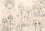  1boy 1girl blazer blush boku_no_hero_academia collarbone collared_shirt embarrassed freckles hand_on_another&#039;s_face hands_on_own_cheeks hands_on_own_face highres horoyoi_(kkcp4442) jacket messy_hair midoriya_izuku monochrome multiple_views necktie pleated_skirt school_uniform shirt short_hair sidelocks sketch skirt u.a._school_uniform uraraka_ochako 