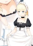  1girl apron apron_lift bangs blonde_hair blue_eyes blunt_bangs blush breasts choker collarbone eyebrows_visible_through_hair hair_ornament highres kantai_collection lifted_by_self long_hair maid maid_headdress meth_(emethmeth) multiple_views open_mouth puffy_short_sleeves puffy_sleeves shin&#039;you_(kantai_collection) short_sleeves side_ponytail signature small_breasts teapot tray 