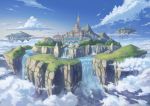 above_clouds blue_sky bridge castle clouds cloudy_sky commentary_request day dome fantasy floating_island forest gradient_sky hasumi_yuuki highres landscape mountain nature no_humans original outdoors river rock scenery sky tower tree water waterfall 