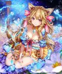  1girl animal_ears arm_support bangs bare_shoulders blonde_hair blue_skirt blush braid breasts brooch bug butterfly character_request chinese_zodiac cleavage closed_mouth commentary_request detached_collar dog_ears dog_girl dress eyebrows_visible_through_hair field flower flower_field french_braid glowing_butterfly hair_ribbon highres insect jewelry layered_skirt long_hair looking_at_viewer medium_breasts midriff navel night off-shoulder_dress off_shoulder pink_ribbon pisuke red_eyes ribbon shingoku_no_valhalla_gate short_sleeves sitting skirt sky smile solo star_(sky) starry_sky tail thigh_strap very_long_hair wavy_hair wing_collar year_of_the_dog yellow_skirt 