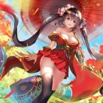  1girl ahoge asanogawa_(tutufcc) azur_lane bangs bare_shoulders black_hair black_legwear blue_sky blush breasts cleavage clouds collarbone day detached_sleeves eyebrows_visible_through_hair feathers floating_hair flower gold_trim hair_between_eyes hair_flower hair_ornament hair_ribbon highres holding holding_umbrella huge_breasts japanese_clothes kimono large_breasts leaves_in_wind long_hair looking_at_viewer obi off_shoulder oriental_umbrella outdoors panties parted_lips red_eyes red_kimono red_ribbon ribbon sash sidelocks sky smile solo striped striped_ribbon taihou_(azur_lane) thigh-highs twintails umbrella underwear very_long_hair walking white_panties wide_sleeves wind wind_lift 