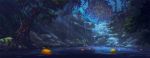  afloat commentary_request fantasy food fruit highres lake mocha_(cotton) nature night night_sky no_humans original outdoors scenery sky star_(sky) starry_sky stone tree water waterfall 