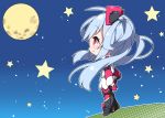  1girl ahoge armored_boots bangs black_footwear blue_hair blush boots chibi closed_mouth commentary_request dress eyebrows_visible_through_hair from_side full_moon hair_between_eyes hair_ornament hair_rings knee_boots long_hair long_sleeves looking_away matoi_(pso2) milkpanda moon night night_sky outdoors pantyhose phantasy_star phantasy_star_online_2 profile red_eyes red_legwear sky sleeves_past_wrists smile solo star twintails very_long_hair white_dress wide_sleeves 