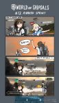  2girls 4koma blonde_hair blue_eyes brown_eyes brown_hair cannon character_name comic commentary dated english_commentary firing flag from_behind furutaka_(kantai_collection) gameplay_mechanics gremyashchy_(greythorn032) greythorn032 hair_ornament hairclip highres island jojo_no_kimyou_na_bouken kantai_collection multiple_girls notepad original pencil pointing pointing_forward rigging school_uniform serafuku shaded_face silhouette smoke to_be_continued translation_request turret waving world_of_warships 