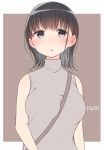  1girl :o bangs between_breasts black_hair blue_eyes blush breasts dated eyebrows_visible_through_hair large_breasts looking_at_viewer nekoume open_mouth original outside_border short_hair sleeveless sleeveless_turtleneck solo strap_cleavage tareme turtleneck upper_body 