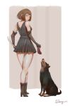  1girl absurdres animal artist_name bad_anatomy black_dress black_gloves black_skirt boots brown_eyes brown_footwear brown_hair dated dog dress elbow_gloves food gloves highres holding holding_knife knife looking_at_viewer looking_back meat parted_lips short_hair simple_background skirt standing yusheng 