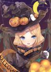  1girl abigail_williams_(fate/grand_order) absurdres bangs black_jacket blonde_hair blue_eyes commentary crossed_bandaids english_commentary eyebrows_visible_through_hair fate/grand_order fate_(series) glowing hair_bun halloween hat head_tilt heart heroic_spirit_traveling_outfit highres jack-o&#039;-lantern jacket long_hair long_sleeves looking_at_viewer medjed open_mouth parted_bangs silk sleeves_past_fingers sleeves_past_wrists solo spider_web star upper_body wavy_mouth witch_hat yingxiong_abubu 