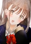  1girl bangs blazer blurry blush brown_eyes brown_hair cardigan close-up depth_of_field earrings eyebrows_visible_through_hair jacket jewelry long_hair looking_at_viewer open_mouth original school_uniform shiro_(aotatikoma) sidelocks sleeves_past_wrists smile solo teeth two_side_up upper_body 
