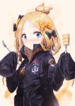  1girl abigail_williams_(fate/grand_order) bae.c bangs black_bow black_jacket blonde_hair blue_eyes blush bow closed_mouth commentary_request crossed_bandaids eyebrows_visible_through_hair fate/grand_order fate_(series) food fork hair_bow hair_bun hands_up heroic_spirit_traveling_outfit highres holding holding_fork jacket key long_hair long_sleeves looking_at_viewer orange_bow parted_bangs polka_dot polka_dot_bow sleeves_past_fingers sleeves_past_wrists solo star upper_body 