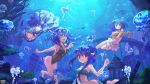  1girl 4girls :d air_bubble ashgray barefoot blue_eyes blue_hair breasts brown_eyes bubble cityscape copyright_name eel fish flower hair_flower hair_ornament highres jellyfish kerberos_blade long_hair medium_breasts multiple_girls ocean official_art open_mouth pointy_ears red_eyes skirt small_breasts smile swimsuit underwater white_skirt 