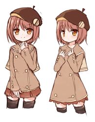  1girl bangs beret blush brown_eyes brown_hair brown_hat brown_jacket brown_legwear brown_skirt closed_mouth cropped_legs eyebrows_visible_through_hair hair_between_eyes hand_up hands_up hat jacket long_sleeves multiple_views original pleated_skirt skirt sleeves_past_wrists smile thigh-highs yuuhagi_(amaretto-no-natsu) 