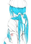  1girl aqua_hair back chin_stroking from_behind hair_ornament hair_scrunchie hat hatsune_miku holding holding_hair hood hoodie hsumiaochan long_hair nape ribbed_hat scrunchie short_sleeve_sweater short_sleeves solo tattoo twintails vocaloid white_background 