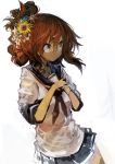  1girl absurdres alternate_hairstyle bangs black_skirt brown_hair commentary cowboy_shot curly_hair eyebrows_visible_through_hair flower hair_between_eyes hair_flower hair_ornament hairclip hands_on_own_chest highres inazuma_(kantai_collection) kaamin_(mariarose753) kantai_collection looking_to_the_side pleated_skirt ringlets school_uniform serafuku shirt short_sleeves skirt solo standing star sunflower sunflower_hair_ornament white_background white_shirt yellow_eyes 