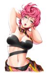  1girl absurdres armpits arms_behind_head arms_up breasts cleavage green_eyes head_tilt highres jojo_no_kimyou_na_bouken light_blush medium_breasts navel open_mouth pink_hair short_hair simple_background stomach strapless trish_una vento_aureo white_background yaobin_yang 