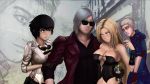  2boys 2girls absurdres beard black_gloves black_hair blonde_hair bloodshot_eyes blue_coat blurry blurry_background breasts can cleavage coat commentary dante_(devil_may_cry) devil_may_cry devil_may_cry_5 drink english_commentary facial_hair gloves goggles green_eyes grey_hair heterochromia highres lady_(devil_may_cry) large_breasts multiple_boys multiple_girls nero_(devil_may_cry) nowayout123 red_coat red_eyes sunglasses trish_(devil_may_cry) zoom_layer 