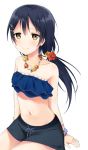  1girl arm_support bikini bikini_shorts black_hair black_shorts blue_bikini bracelet clare_(puyo2) collarbone flower hair_flower hair_ornament hairclip hibiscus jewelry long_hair looking_at_viewer love_live! love_live!_school_idol_project necklace ponytail red_flower shorts simple_background smile solo sonoda_umi strapless strapless_bikini swimsuit white_background yellow_eyes yellow_flower 
