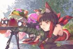  2girls aiming animal_ear_fluff animal_ears bangs bare_shoulders bear_ears bear_paws binoculars black_hair blunt_bangs breasts detached_sleeves eyebrows_visible_through_hair gigapuri green_eyes green_hair gun hat highres hinokuma_ran holding inari_kuromu kuromu_channel leaf leaf_on_head multicolored_hair multiple_girls parted_lips plant red_eyes redhead rifle scope short_hair sniper_rifle streaked_hair weapon 