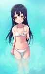  1girl absurdres bikini black_hair blue_background blush breasts clare_(puyo2) collarbone hair_between_eyes highres long_hair looking_at_viewer love_live! love_live!_school_idol_project navel parted_lips small_breasts solo sonoda_umi standing swimsuit thigh_gap very_long_hair wading white_bikini yellow_eyes 