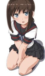  1girl blue_eyes blush brown_hair dd_(ijigendd) fubuki_(kantai_collection) kantai_collection looking_at_viewer low_ponytail school_uniform seiza serafuku short_ponytail sidelocks sitting smile v_arms white_background 