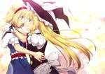  2girls :d akane_hazuki alice_margatroid apron black_hat black_skirt blonde_hair blue_dress blue_eyes bow character_request couple dress eye_contact floating_hair frilled_apron frills from_side hat hat_bow highres kirisame_marisa long_hair looking_at_another multiple_girls open_mouth shirt short_hair short_sleeves skirt smile touhou very_long_hair waist_apron white_apron white_bow white_shirt witch_hat wrist_cuffs yellow_eyes 