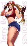  1girl :d ass bandeau bare_shoulders baseball_cap black_gloves blonde_hair blue_eyes blue_shorts bracelet breasts character_name cleavage collared_vest cutoffs denim denim_shorts fatal_fury fingerless_gloves genderswap genderswap_(mtf) gloves hat highres jewelry large_breasts long_hair looking_at_viewer looking_back midriff muscle muscular_female open_clothes open_mouth open_vest ponytail puca-rasu red_vest short_shorts shorts smile snk snk_heroines:_tag_team_frenzy solo terry_bogard the_king_of_fighters thighs very_long_hair vest zipper 