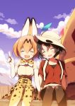  2girls animal_ears backpack bag bangs black_legwear blonde_hair blue_sky closed_eyes clouds cloudy_sky commentary_request day facing_viewer hand_holding hat hat_feather helmet high-waist_skirt kaban_(kemono_friends) kemono_friends multiple_girls odawara_hakone open_mouth outdoors pantyhose pantyhose_under_shorts pith_helmet pointing print_legwear print_neckwear print_skirt red_shirt serval_(kemono_friends) serval_ears shirt short_hair short_sleeves shorts side-by-side sitting skirt sky sleeveless sleeveless_shirt smile thigh-highs white_hat white_shirt yellow_legwear yellow_neckwear yellow_skirt 