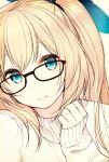  1girl :3 bangs black-framed_eyewear blonde_hair blue_bow blue_eyes blush bow close-up closed_mouth glasses hair_bow hand_up long_hair looking_at_viewer mirai_akari mirai_akari_project nekoume self_shot sidelocks sleeves_past_wrists smile solo sweater turtleneck turtleneck_sweater 