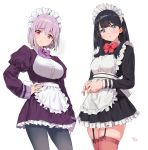  2girls alternate_costume apron bangs black_dress black_hair blue_eyes blush bow bowtie breasts closed_mouth dress enmaided framed_breasts frills garter_straps hand_on_hip highres juliet_sleeves large_breasts lavender_hair long_hair long_sleeves looking_at_viewer maid maid_headdress multiple_girls pantyhose puffy_sleeves purple_bow purple_dress red_bow red_eyes red_legwear shinjou_akane short_hair simple_background small_breasts smile ssss.gridman takarada_rikka thigh-highs thighs underbust waist_apron white_background yang-do 