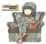  1girl beanie black_hair brown_eyes camouflage chair copyright_name crossed_arms easy_chair hat kfc legs_crossed military military_uniform neck_pillow no_pupils open_mouth original simple_background sitting slippers soldier solo tantu_(tc1995) uniform us_army white_background 