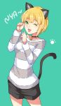  1girl :d animal_ears black_shorts blonde_hair cat_ears cat_tail cowboy_shot eichan_(eichanidfi) eyebrows_visible_through_hair green_background green_eyes highres idolmaster idolmaster_cinderella_girls idolmaster_cinderella_girls_starlight_stage miyamoto_frederica open_mouth shiny shiny_hair short_hair short_shorts shorts simple_background smile solo standing striped striped_sweater sweater tail 