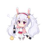  1girl animal animal_ears azur_lane bare_shoulders bird blush boots bottle breasts camisole chibi chick closed_mouth collarbone commentary_request flying_sweatdrops full_body fur-trimmed_jacket fur_trim hair_ornament hairband hand_up holding holding_bottle jacket laffey_(azur_lane) long_hair long_sleeves off_shoulder open_clothes open_jacket pink_jacket pleated_skirt rabbit_ears red_eyes red_hairband red_skirt silver_hair simple_background skirt sleeves_past_fingers sleeves_past_wrists small_breasts solo standing thigh-highs thighhighs_under_boots twintails very_long_hair white_background white_camisole white_footwear white_legwear wide_sleeves yada_(xxxadaman) 