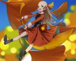  1girl ankle_boots autumn autumn_leaves belt blurry boots bow brown_hair depth_of_field dress flying fur_collar hair_bow jar leaf long_hair looking_at_viewer minigirl nightmare-kck open_mouth original riding silver_hair sky smile solo 