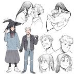  1boy 1girl artist_name black_gloves black_hair black_jacket blush fang fingerless_gloves gloves hand_holding hat hug jacket kiss leather leather_jacket long_hair miyuli multicolored_hair original pointing pointing_at_self red_eyes red_ribbon ribbon sweater two-tone_hair vampire white_hair witch witch_hat 