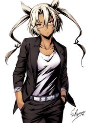  1girl alternate_costume artist_name belt_buckle black_jacket black_pants bracelet breasts buckle character_name collarbone dark_skin glasses hair_ears hands_in_pockets jacket jewelry kantai_collection long_hair long_sleeves looking_at_viewer medium_breasts musashi_(kantai_collection) open_clothes open_jacket pants platinum_blonde red_eyes sakiyamama shadow shirt simple_background solo spiked_bracelet spikes twintails upper_body white_background white_belt white_shirt 