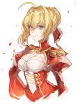  1girl ahoge blonde_hair bow breasts cleavage cropped_torso eyebrows_visible_through_hair fate/extra fate_(series) green_eyes hair_between_eyes hair_bow long_sleeves looking_at_viewer medium_breasts nero_claudius_(fate) nero_claudius_(fate)_(all) petals red_bow shiny shiny_hair shrug sidelocks simple_background sketch solo tied_hair waltz_(tram) white_background 