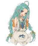  1girl :d ahoge apron bangs bare_shoulders blue_bow blue_eyes blue_hair blush bow braid dress fingerless_gloves forehead frilled_apron frills gloves granblue_fantasy hair_ornament hair_ribbon hairclip hands_up head_tilt index_finger_raised long_hair low_twintails lyria_(granblue_fantasy) nuno_(pppompon) open_mouth orange_gloves parted_bangs ribbon simple_background sketch sleeveless sleeveless_dress smile solo twin_braids twintails upper_body very_long_hair white_apron white_background white_dress yellow_ribbon 
