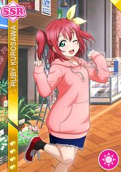  blush character_name green_eyes jacket kurosawa_ruby love_live!_school_idol_festival love_live!_sunshine!! pink_hair short_hair smile wink 