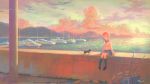  1girl animal arm_support bird cat clouds cloudy_sky commentary_request feel_(nasitaki) flock harbor highres horizon kneehighs loafers long_sleeves miniskirt neck_ribbon ocean orange_sky original outdoors pleated_skirt ribbon sailor_collar scenery school_uniform serafuku shadow ship shirt shoes short_hair sidelocks signature sitting skirt sky solo town twilight water watercraft white_shirt 