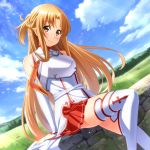  1girl arm_support asuna_(sao) blonde_hair blue_sky blush breastplate brown_eyes clouds day detached_sleeves dutch_angle floating_hair head_tilt highres long_hair long_sleeves looking_at_viewer miniskirt nyanmaru outdoors pleated_skirt red_skirt shiny shiny_hair sitting skirt sky smile solo sword_art_online thigh-highs very_long_hair white_legwear white_sleeves zettai_ryouiki 