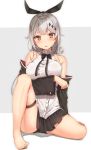  1girl arm_support arm_under_breasts bangs bare_shoulders barefoot black_neckwear blouse blush bow bowtie breasts brown_eyes cleavage closed_mouth eyebrows_visible_through_hair five-seven_(girls_frontline) girls_frontline hair_between_eyes hair_ornament hair_ribbon highres jacket jewelry large_breasts long_hair looking_at_viewer off_shoulder open_mouth pleated_skirt ponytail reinama ribbon sidelocks silver_hair simple_background sitting skindentation skirt sleeveless_blouse solo thigh_strap very_long_hair white_blouse 
