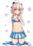  1girl :o ahoge bikini blonde_hair blue_bikini blue_bow blue_eyes blush bow breasts fate/grand_order fate_(series) hair_bow koha-ace medium_breasts navel okita_souji_(fate) okita_souji_(fate)_(all) partially_submerged ryuunonon short_hair simple_background solo swimsuit water white_background yellow_eyes 