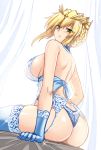 1girl artoria_pendragon_(all) artoria_pendragon_(lancer) ass babydoll back bangs bare_shoulders blonde_hair blue_gloves blue_legwear blue_panties blush braid breasts crown curtains fate/grand_order fate_(series) female_ass french_braid garter_belt gloves green_eyes hair_between_eyes hellandheaven highres large_breasts lingerie long_hair looking_at_viewer looking_back open_mouth panties royal_icing see-through sideboob sidelocks sitting solo swept_bangs thigh-highs thighs underwear
