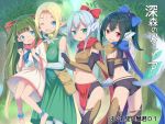  4girls :d ;d animal_ear_fluff animal_ears anklet ass bangs barefoot black_gloves black_shorts blonde_hair blue_bow blue_eyes blue_gloves blue_hair blue_scarf blush bow breastplate breasts commentary_request day dress elbow_gloves elf eyebrows_visible_through_hair forest gloves green_dress green_eyes green_hair hair_between_eyes hair_bow hair_ribbon hands_up head_tilt high_ponytail jewelry kimagure_blue lifting_person long_hair long_sleeves looking_at_viewer looking_back medium_breasts midriff multiple_girls nature navel one_eye_closed open_mouth original outdoors pointy_ears ponytail red_bow red_eyes red_ribbon red_scarf ribbon scarf short_shorts shorts sidelocks small_breasts smile standing tail tail_raised tree two_side_up very_long_hair white_dress wide_sleeves 