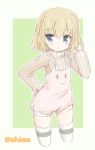  1girl :o animal_print bangs blonde_hair blue_eyes bunny_print casual commentary cowboy_shot ehime_mikan girls_und_panzer green_background hand_on_hip katyusha long_sleeves looking_at_viewer outside_border parted_lips print_legwear ribbed_sweater short_hair short_jumpsuit solo standing sweater thigh-highs turtleneck twitter_username white_jumpsuit white_legwear white_sweater 