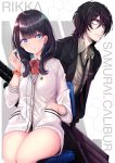  1boy 1girl bangs black_hair black_skirt blue_eyes blush cardigan character_name closed_mouth earphones earphones eyebrows_visible_through_hair formal hand_in_pocket haruka_natsuki highres legs_together miniskirt necktie samurai_calibur sanpaku school_uniform scrunchie sheath sheathed shiny shiny_hair sitting skirt ssss.gridman suit sword takarada_rikka thighs violet_eyes weapon wrist_scrunchie 