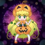  1girl :d arm_scrunchie bare_shoulders blonde_hair bow bowtie button_eyes center_frills chibi commentary dated eyebrows_visible_through_hair fangs gloves green_eyes green_hair hakkatou halloween hand_on_hip highres index_finger_raised jack-o&#039;-lantern_(kemono_friends) kemono_friends leaf long_hair looking_at_viewer low_twintails open_mouth orange_footwear orange_pants pantyhose plant puffy_pants pumpkin_hat red_neckwear scrunchie shirt shoes smile solo twintails v-shaped_eyebrows very_long_hair white_gloves white_legwear white_scrunchie white_shirt 