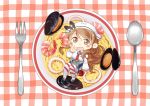  1girl :d brown_eyes brown_hair checkered checkered_background chibi clam commentary_request curly_hair fok food headgear hinata_yuu kantai_collection littorio_(kantai_collection) long_hair looking_at_viewer minigirl necktie open_mouth pasta plate pleated_skirt prawn skirt smile solo spoon striped striped_legwear thigh-highs 