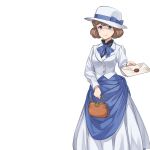  1girl bag blue_eyes blue_neckwear bow brown_hair dress envelope handbag hat hat_bow letter looking_at_viewer official_art princess_principal princess_principal_game_of_mission short_hair simple_background smile standing white_background white_dress white_hat 